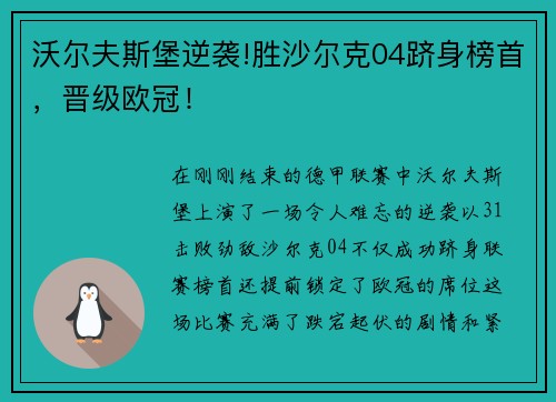 沃尔夫斯堡逆袭!胜沙尔克04跻身榜首，晋级欧冠！